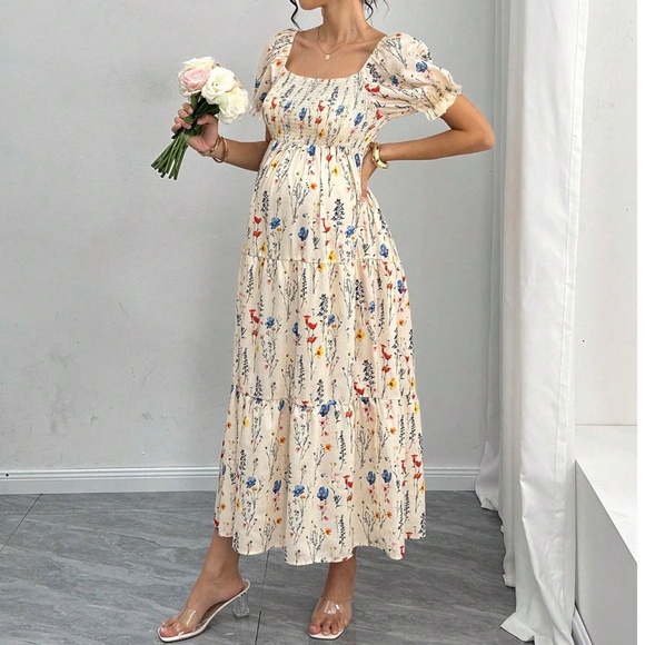 Maternity Floral Print Puff Sleeve Smocked High Waisted Maxi Dress - Picture 2 of 8